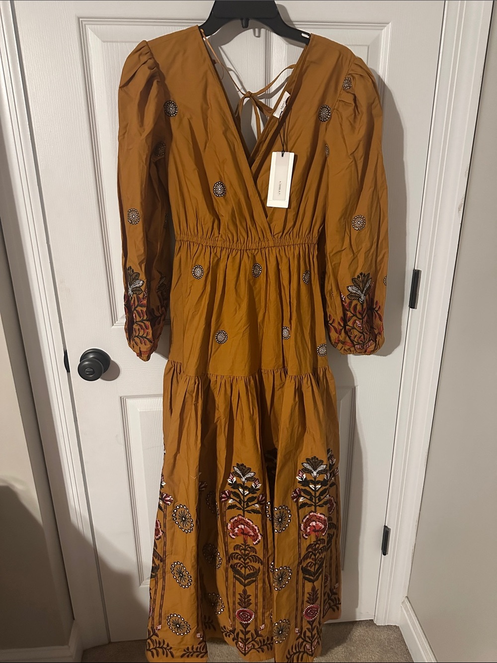 Embroidered Mustard Maxi Dress with V-Neck and Puff Sleeves